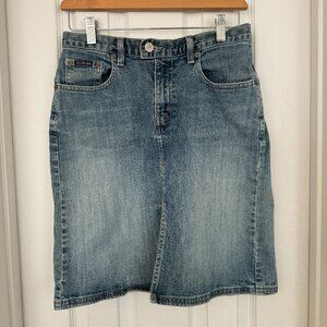 Calvin Klein Vintage Mini Jean Skirt, Blue, Medium Wash with Middle Slit, 2